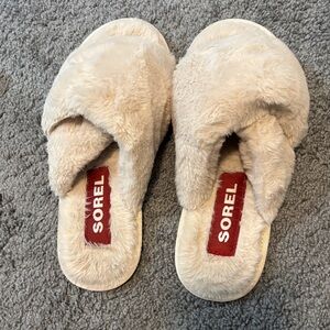 Sorel Beige Fuzzy Slide Slippers